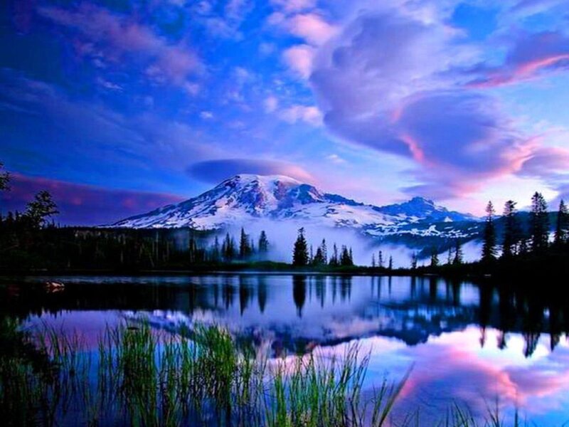 Snow-capped Mountain Lake — Blue, Serene, Sunrise, Photograph, Trees