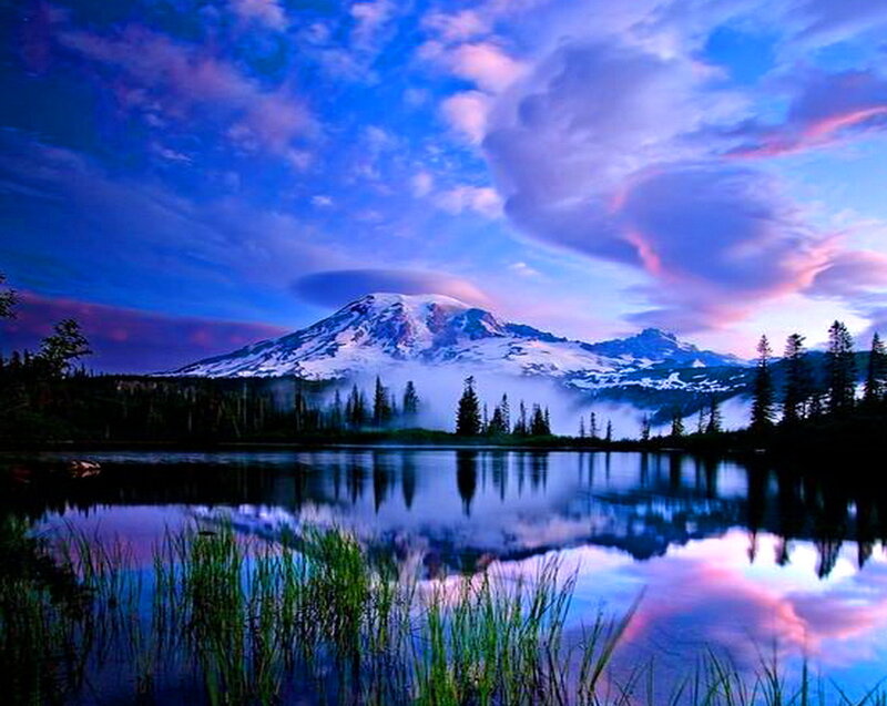 Snow-capped Mountain Lake — Blue, Serene, Sunrise