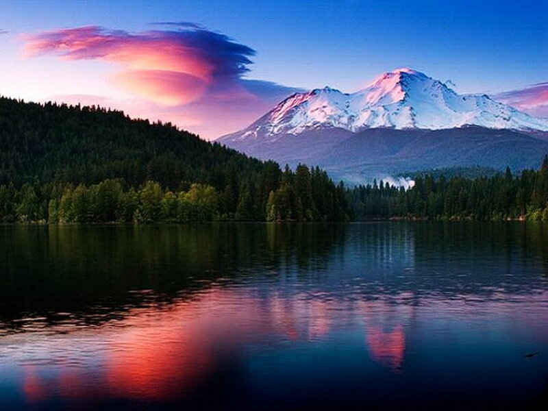 Snow-capped Mountain Lake — Blue, Serene, Sunset, Photograph, Forest, Clouds