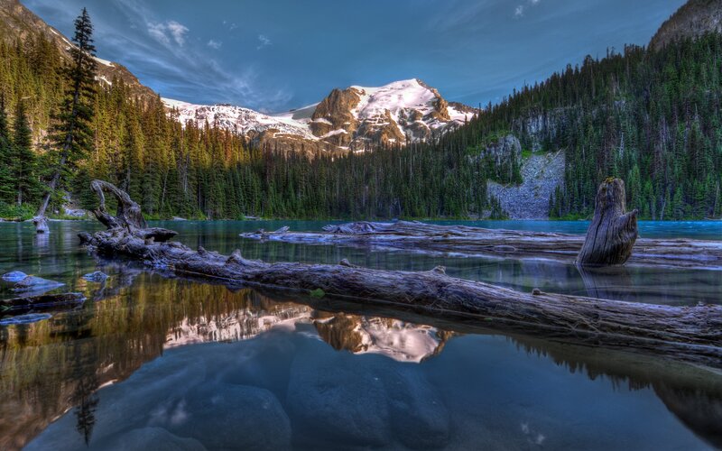 Snow-capped Mountain Lake — Blue, Serene, Sunset, Photograph, Forest, Driftwood