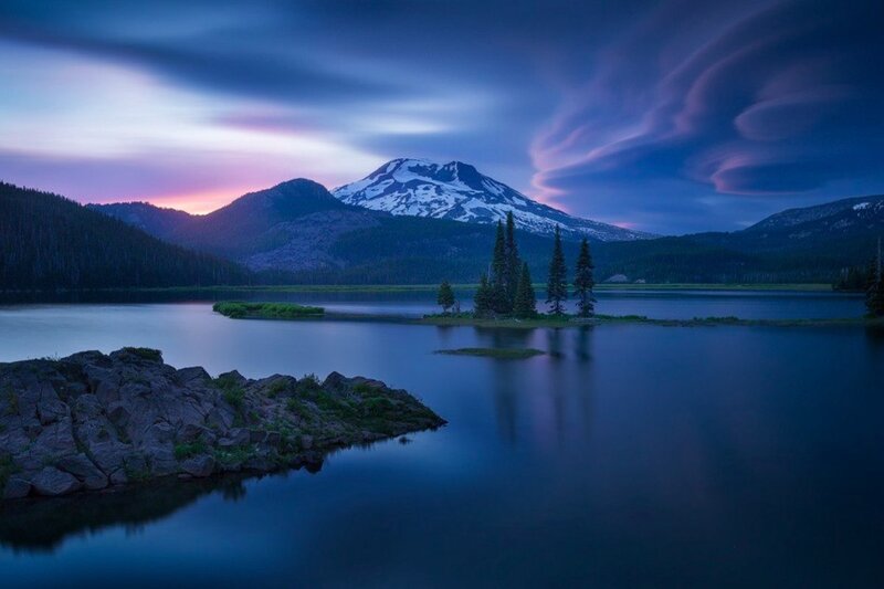 Snow-capped Mountain Lake — Blue, Serene, Sunset, Photograph, Trees, Island