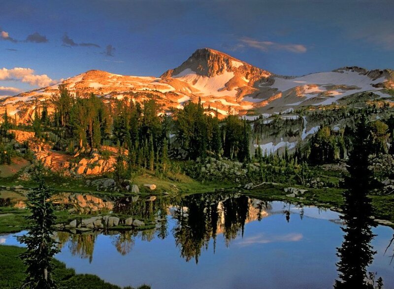 Snow-capped Mountain Lake — Blue, Serene, Sunset, Photograph, Trees, Reflection