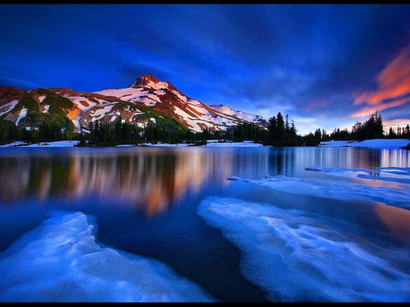 Snow-capped Mountain Lake — Blue, Serene, Sunset, Photograph, Trees