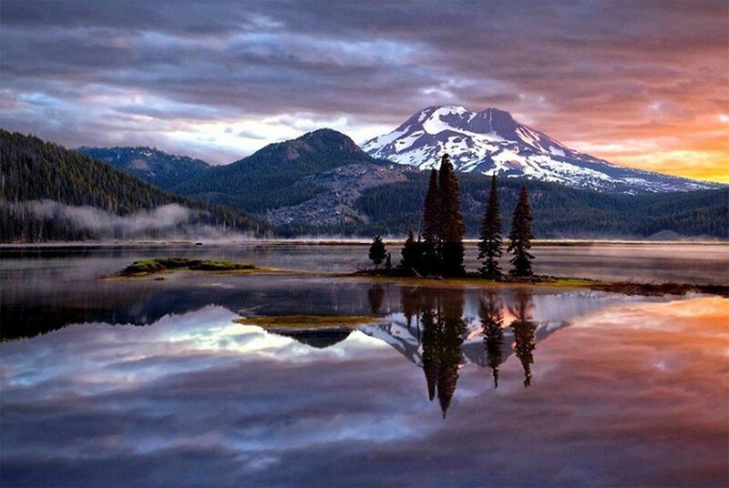 Snow-capped Mountain Lake — Blue, Serene, Sunset