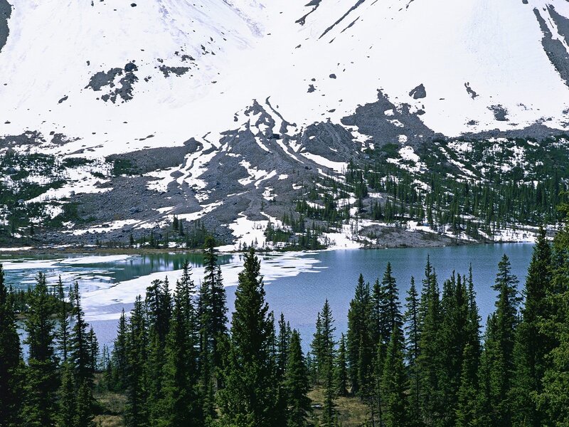 Snow-capped Mountain Lake — Blue, Serene, Winter, Photograph, Pine Trees, Ice