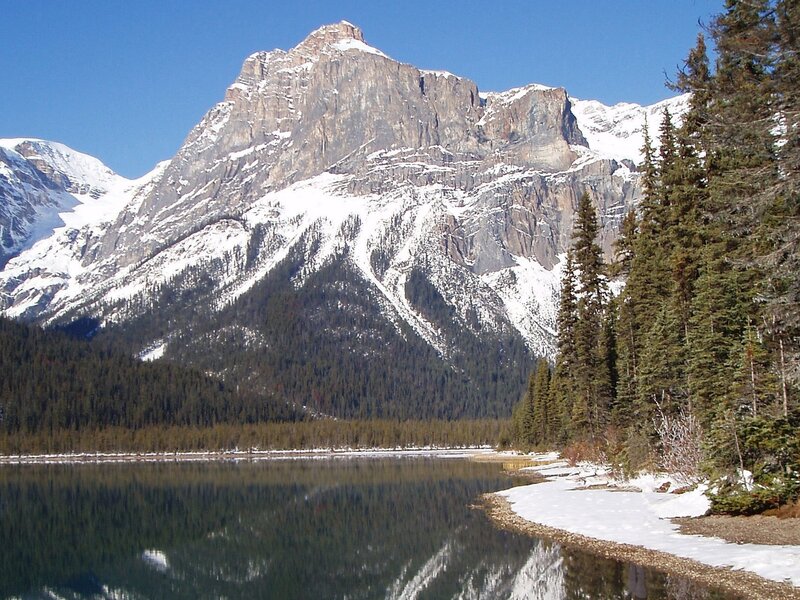 Snow-capped Mountain Lake — Blue, Serene, Winter, Photograph, Pine Trees