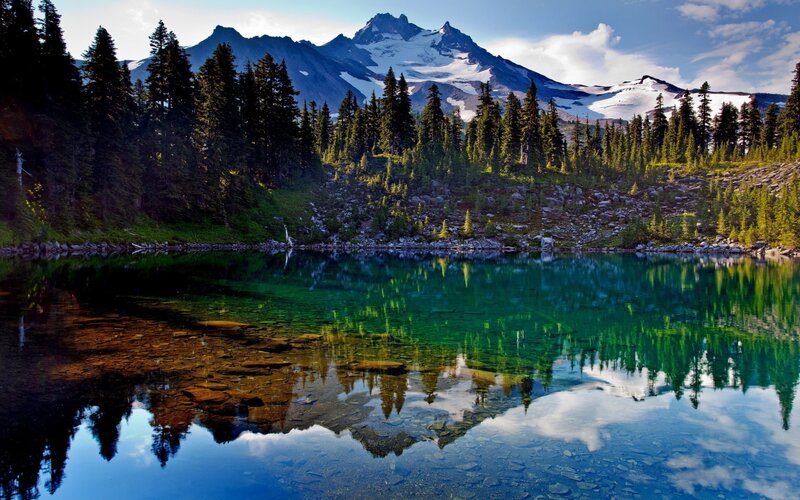 Snow-capped Mountain Lake — Blue, Trees