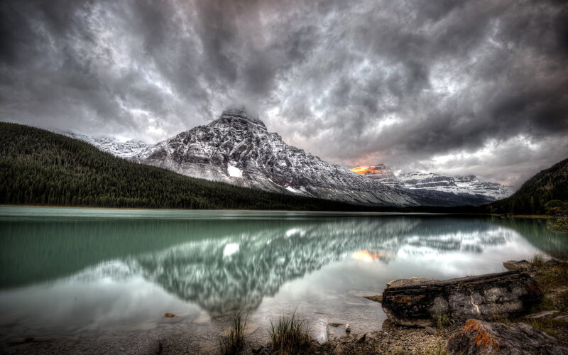Snow-capped Mountain Lake — Gray, Dramatic