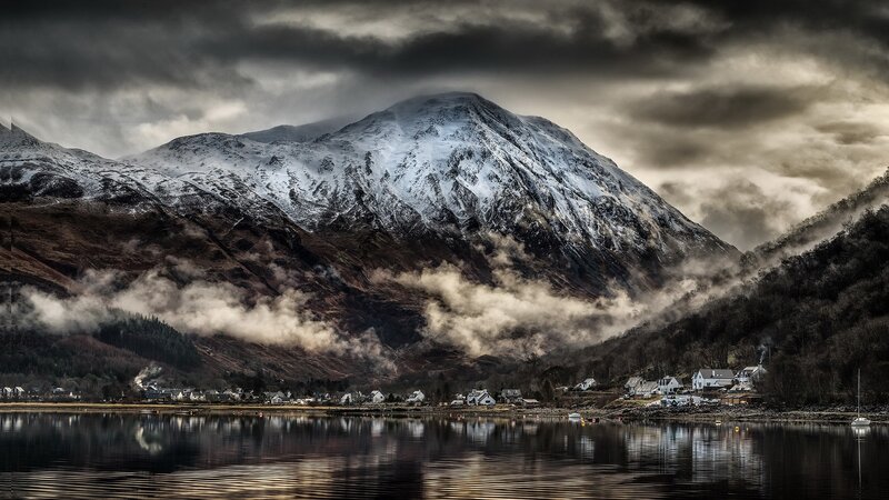 Snow-capped Mountain Lake — Gray, Dramatic, Winter