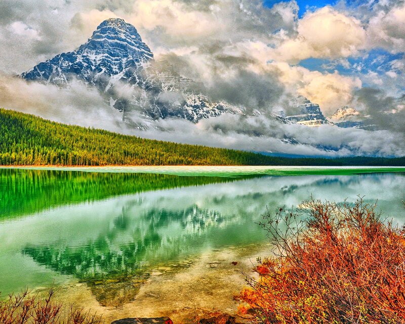 Snow-capped Mountain Lake — Green, Dramatic, Afternoon