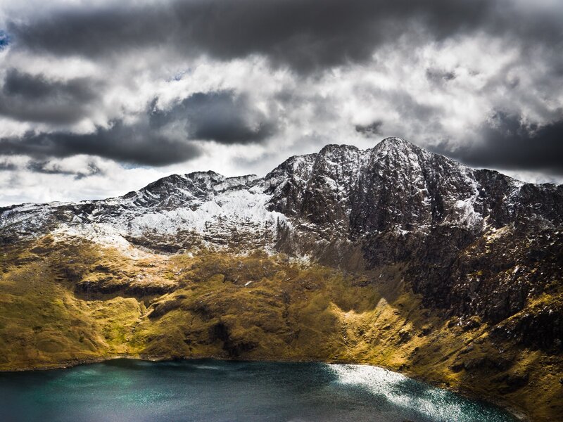 Snow-capped Mountain Lake — Green, Dramatic, Photograph, Clouds, Blue