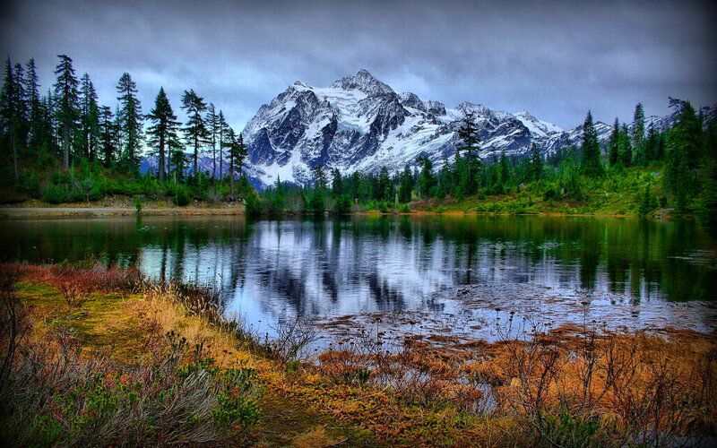 Snow-capped Mountain Lake — Green, Dramatic, Photograph