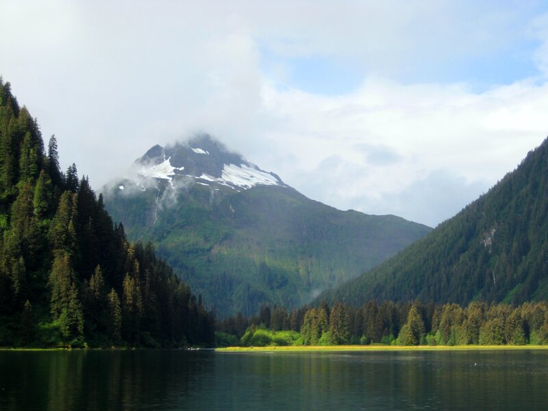 Snow-capped Mountain Lake — Green, Serene, Afternoon, Photograph