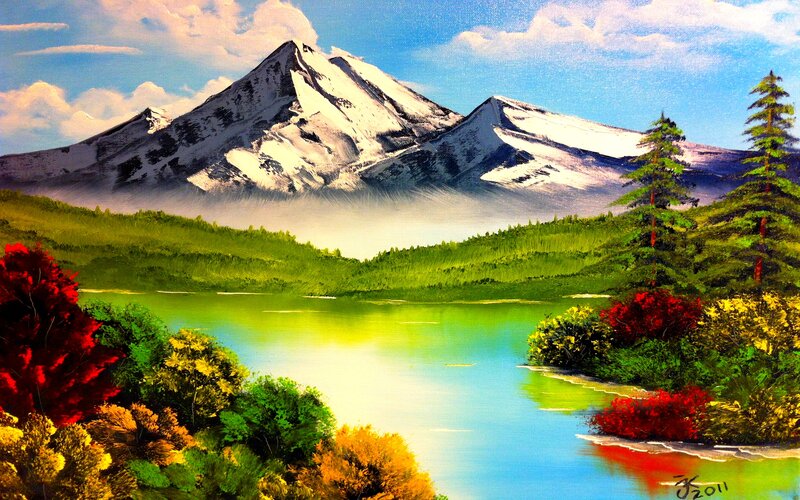Snow-capped Mountain Lake — Green, Serene, Afternoon