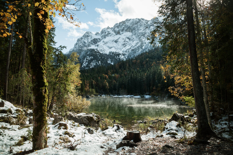 Snow-capped Mountain Lake — Green, Serene, Autumn, Photograph