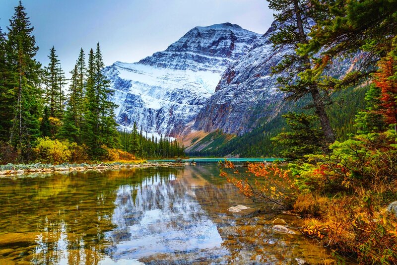 Snow-capped Mountain Lake — Green, Serene, Autumn