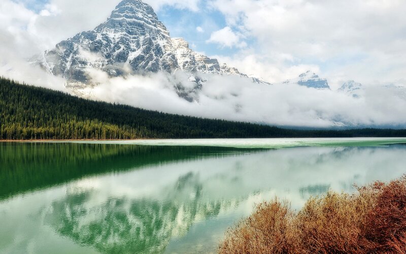 Snow-capped Mountain Lake — Green, Serene, Morning, Photograph, Forest, Clouds, Blue