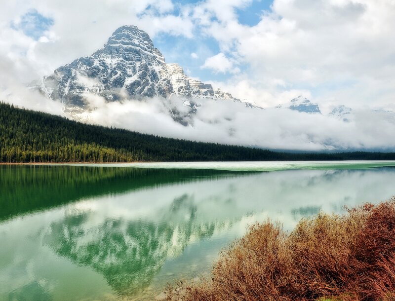 Snow-capped Mountain Lake — Green, Serene, Morning, Photograph