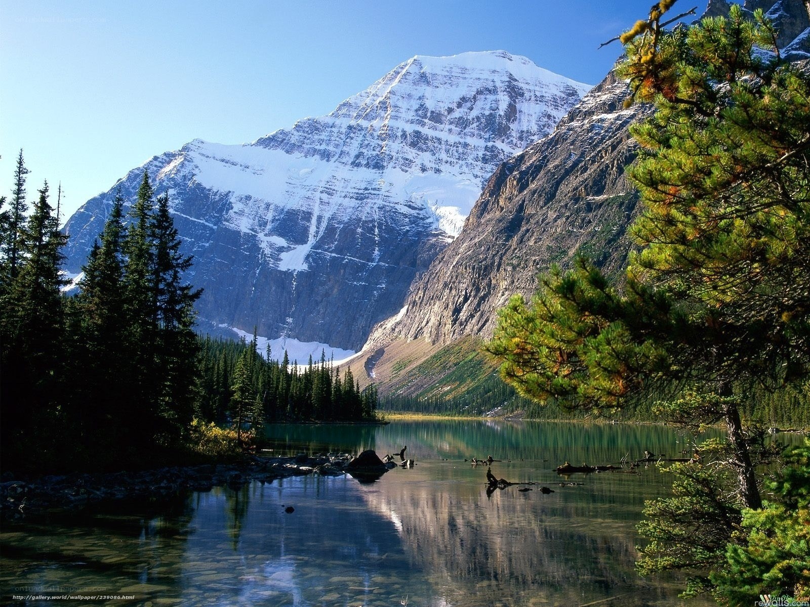 Snow-capped mountain lake landscape