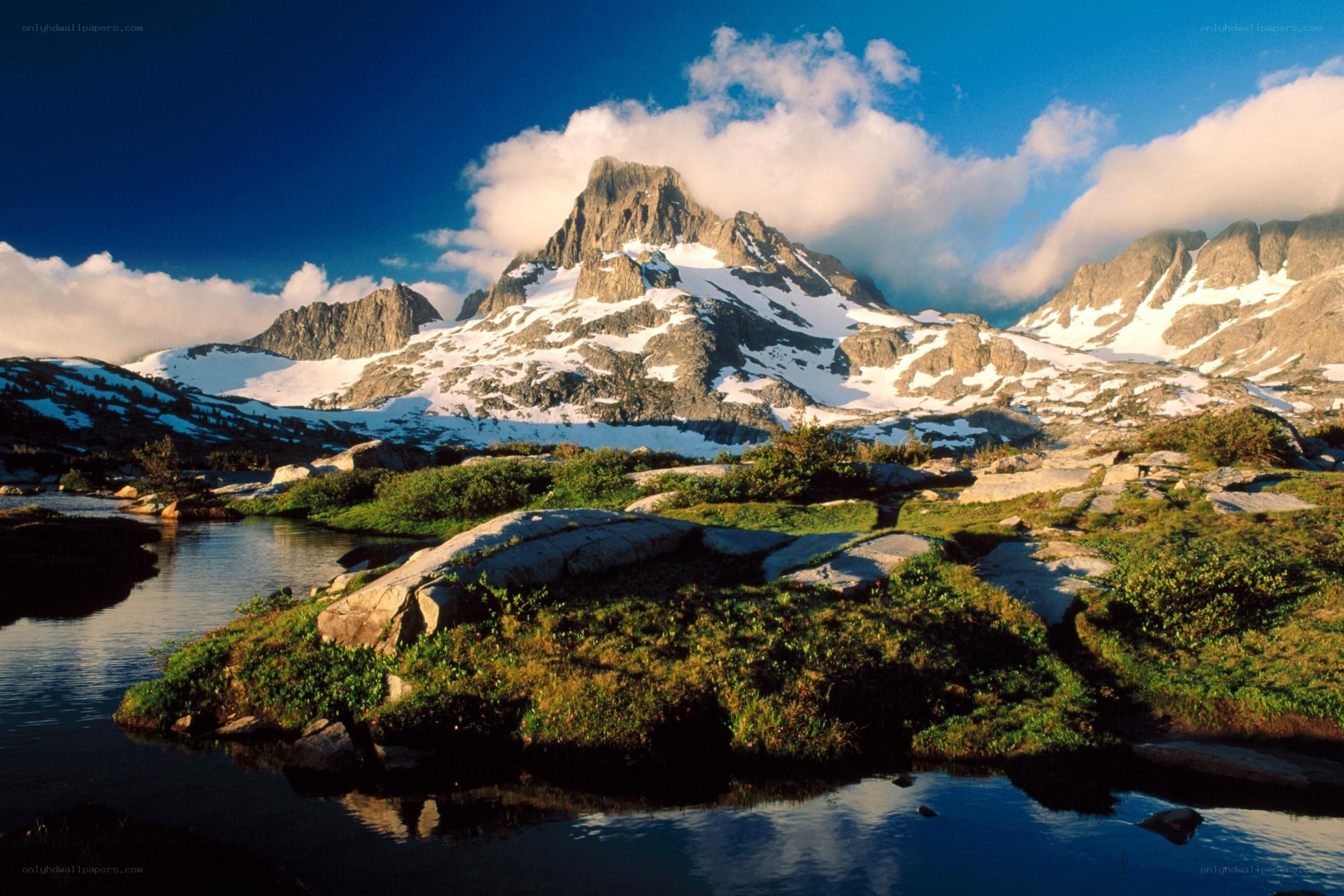 Snow-capped mountain lake landscape