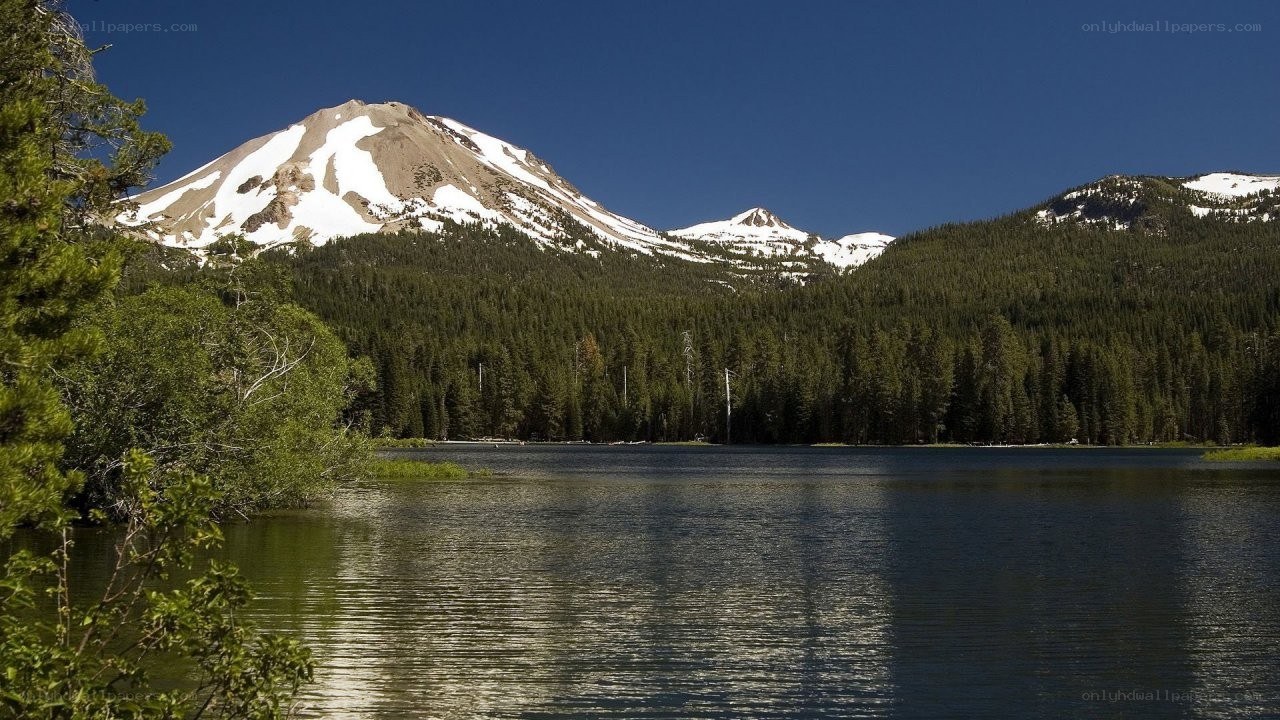 Snow-capped mountain lake landscape