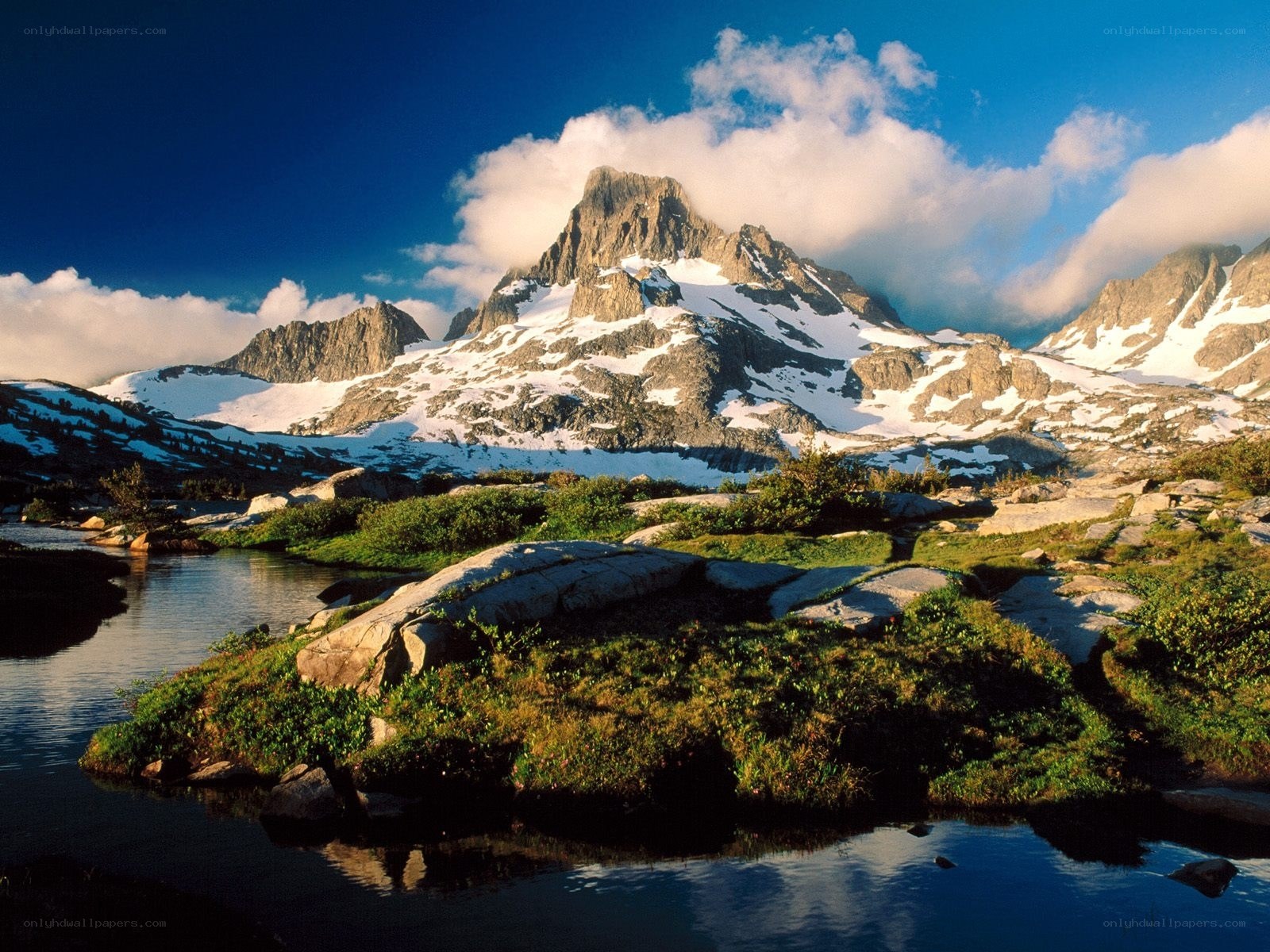 Snow-capped mountain lake landscape