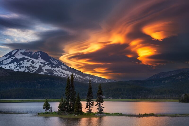 Snow-capped Mountain Lake — Orange, Dramatic