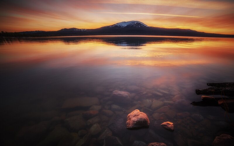 Snow-capped Mountain Lake — Orange, Serene