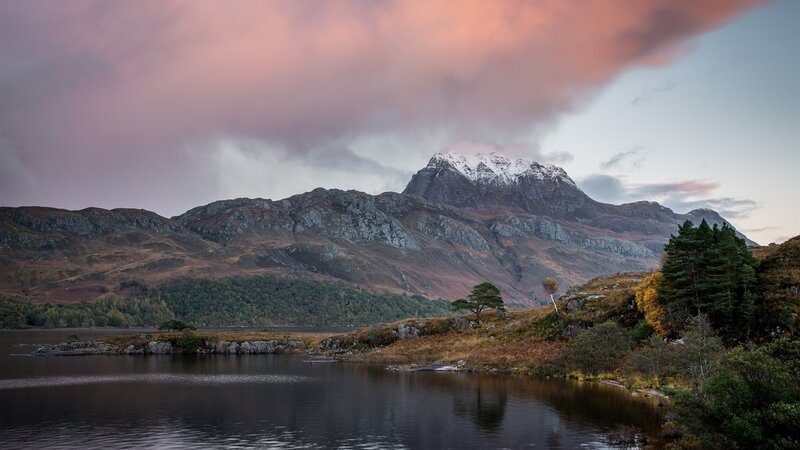 Snow-capped Mountain Lake — Pink, Dramatic