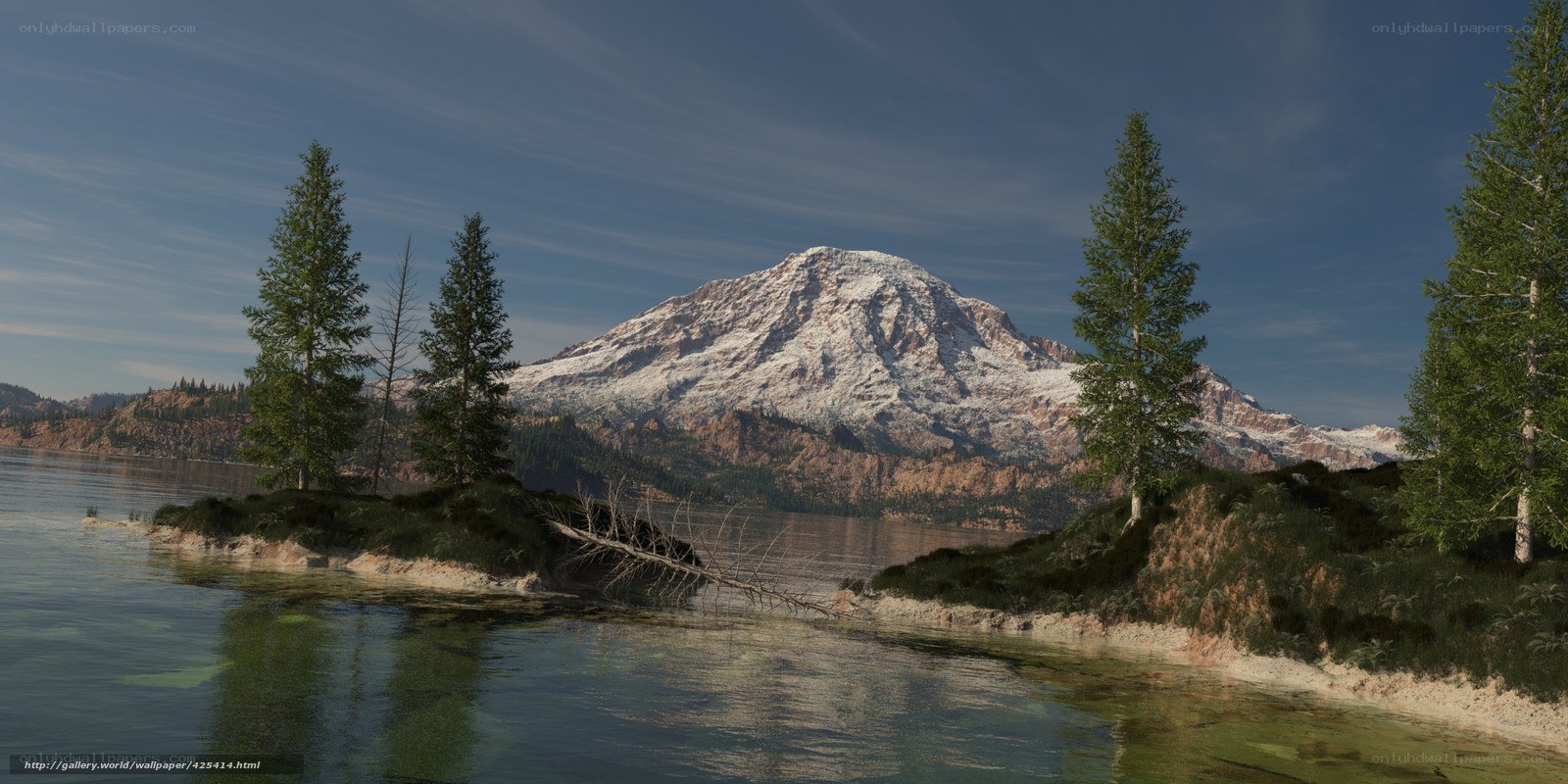Snow-capped mountain lake scene