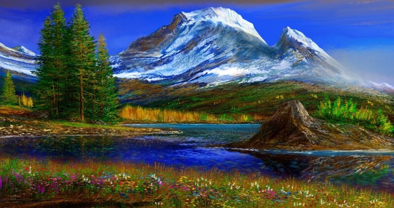 Snow-capped Mountain Landscape — Blue, Serene, Afternoon, Painting, Lake