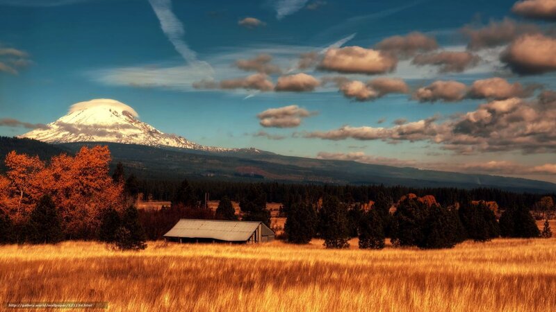 Snow-capped Mountain Landscape — Blue, Serene, Autumn, Photograph, Barn
