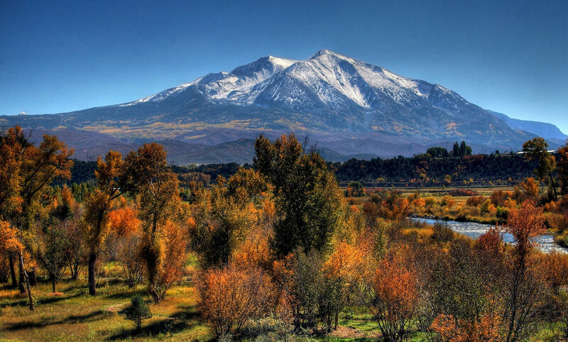 Snow-capped Mountain Landscape — Blue, Serene, Autumn, Photograph, Trees, River