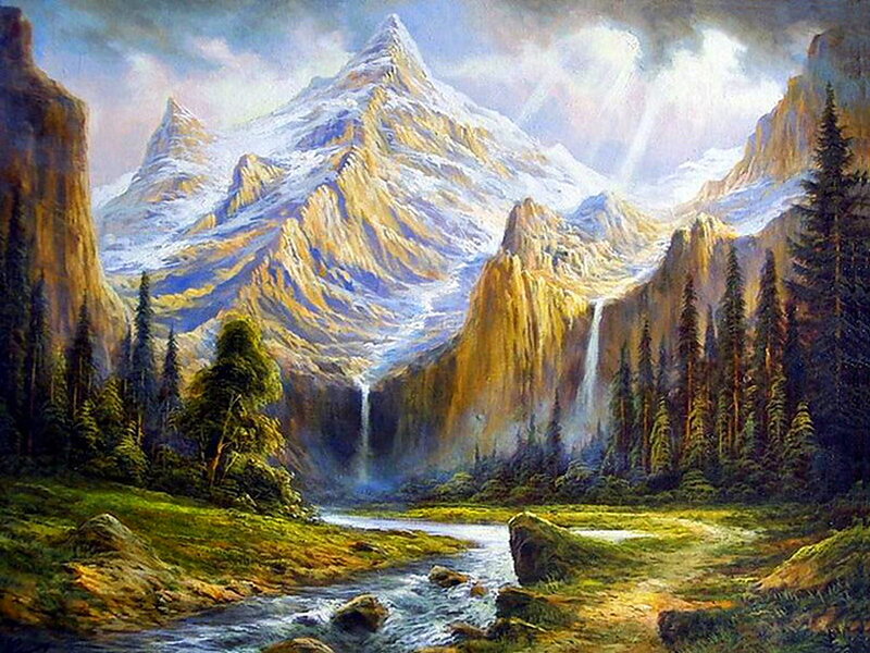 Snow-capped Mountain Landscape — Green, Dramatic, Afternoon