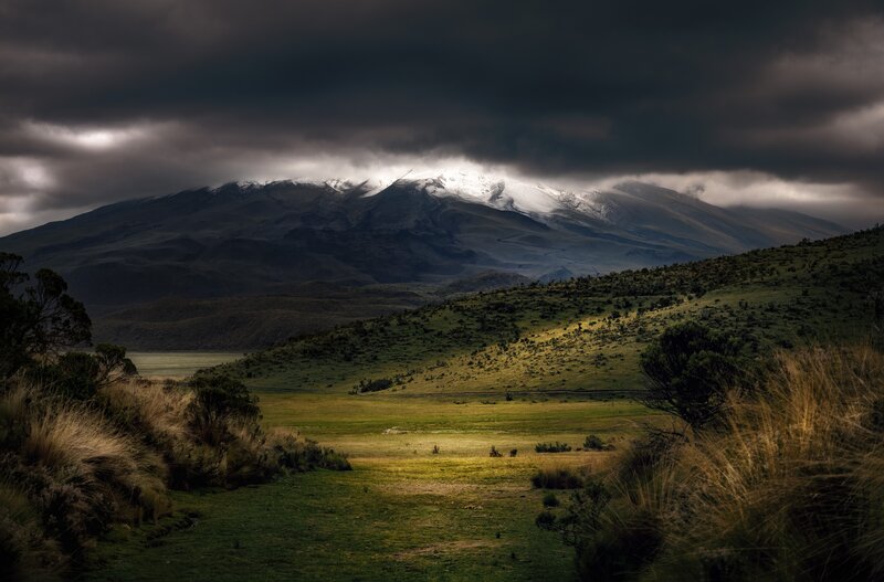 Snow-capped Mountain Landscape — Green, Dramatic, Photograph