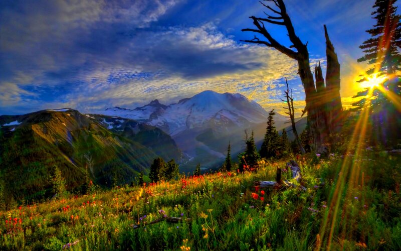 Snow-capped Mountain Landscape — Green, Dramatic, Sunset