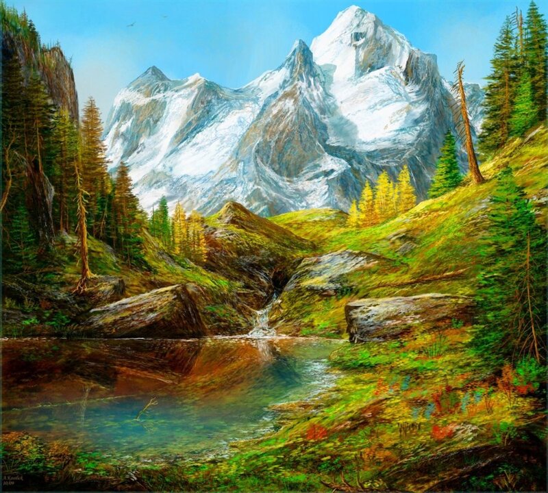Snow-capped Mountain Landscape — Green, Serene, Afternoon, Painting