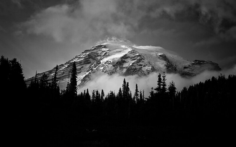 Snow-capped Mountain Peak — Black, Dramatic, Photograph, Trees