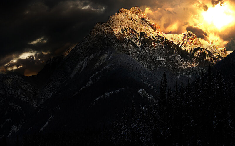Snow-capped Mountain Peak — Black, Dramatic, Sunset