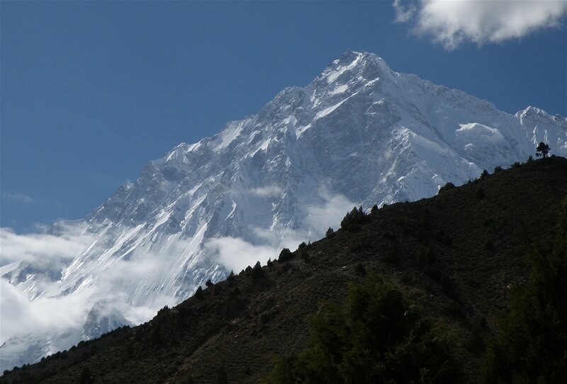 Snow-capped Mountain Peak — Blue, Dramatic, Afternoon, Photograph, Clouds, Hillside