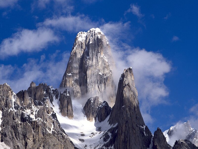 Snow-capped Mountain Peak — Blue, Dramatic, Afternoon, Photograph, Clouds, Rock, Snow