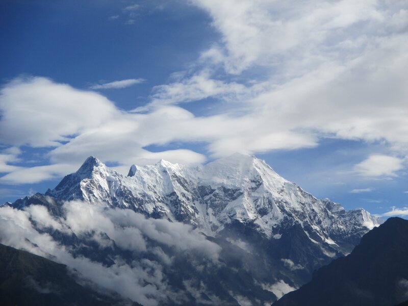 Snow-capped Mountain Peak — Blue, Dramatic, Afternoon, Photograph, Clouds, Sky