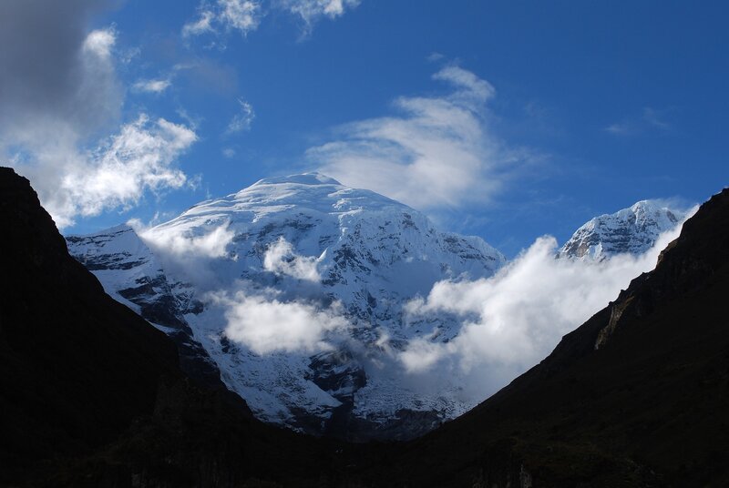 Snow-capped Mountain Peak — Blue, Dramatic, Afternoon, Photograph, Clouds, Sky, White, Black