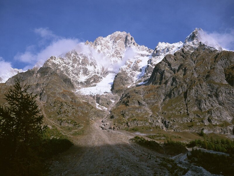 Snow-capped Mountain Peak — Blue, Dramatic, Afternoon, Photograph, Clouds, Trees