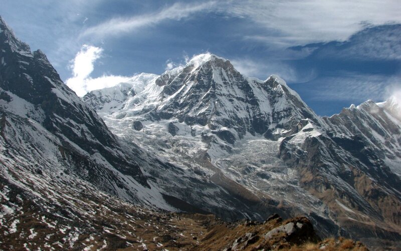 Snow-capped Mountain Peak — Blue, Dramatic, Afternoon, Photograph, Glacier, Clouds, White