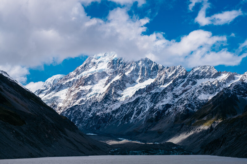 Snow-capped Mountain Peak — Blue, Dramatic, Afternoon, Photograph, Lake