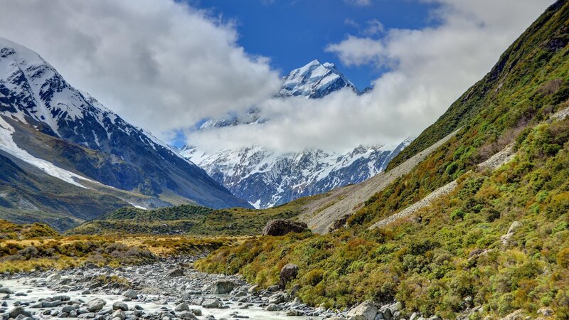 Snow-capped Mountain Peak — Blue, Dramatic, Afternoon, Photograph, River