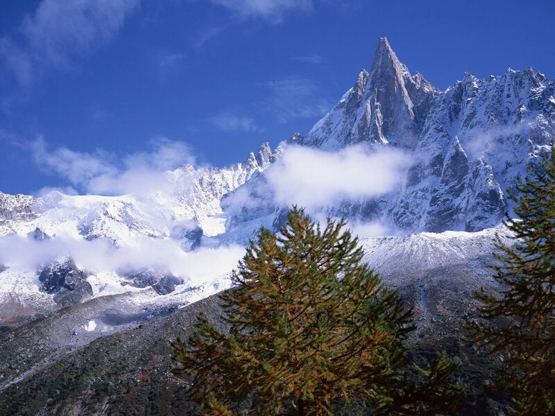 Snow-capped Mountain Peak — Blue, Dramatic, Afternoon, Photograph, Trees