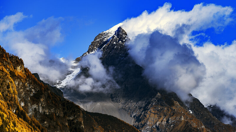 Snow-capped Mountain Peak — Blue, Dramatic, Autumn, Photograph, Clouds