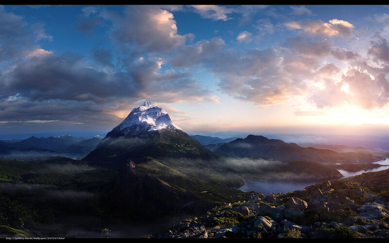 Snow-capped Mountain Peak — Blue, Dramatic, Sunrise, Digital Art, Clouds